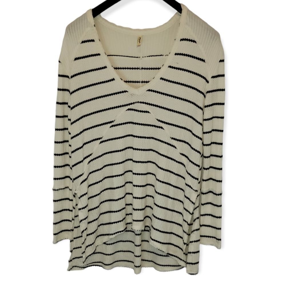 Free People Thermal Fringe Striped Long Sleeve Tunic Top Size Small Oversized